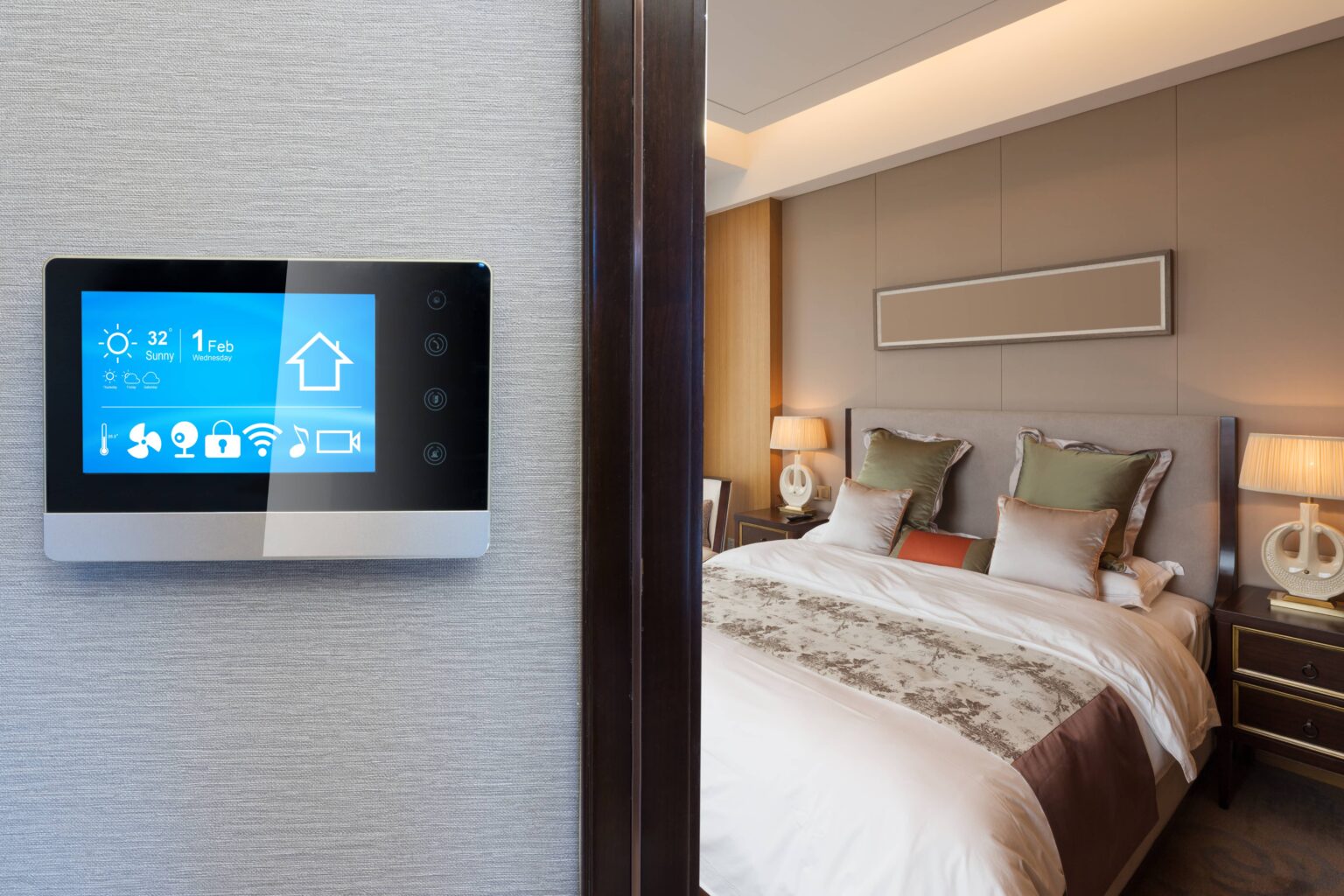 Smart home control panel outside luxury bedroom with automated lighting and climate features