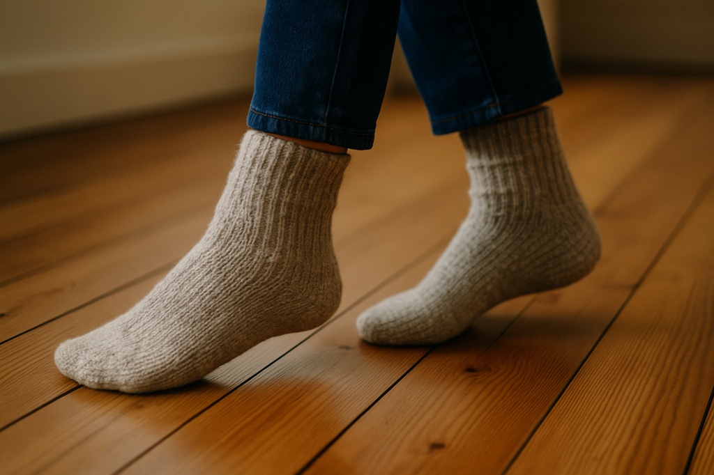 Close-up of a person's feet wearing light-colored, knitted wool socks on a polished wooden floor.